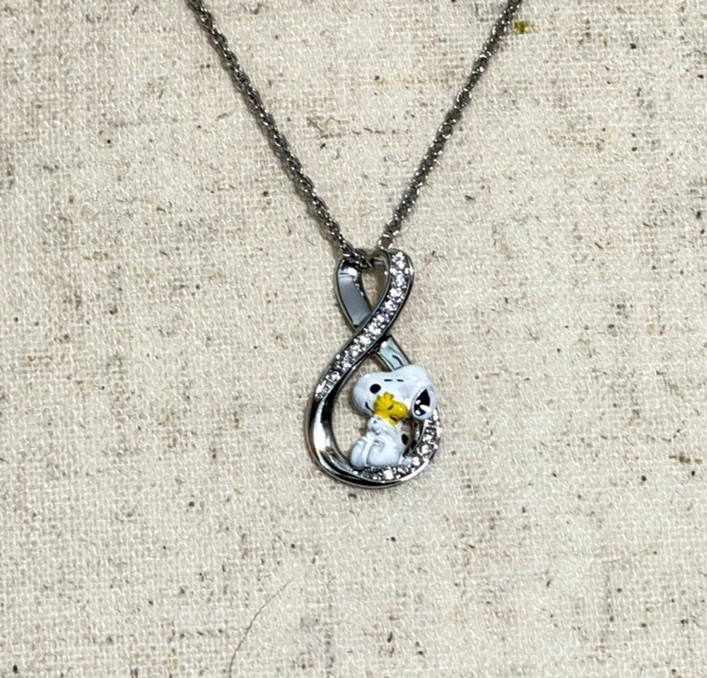 Bradford Exchange Necklace Peanuts Snoopy Woodstock Infinity Silver Plated 18"